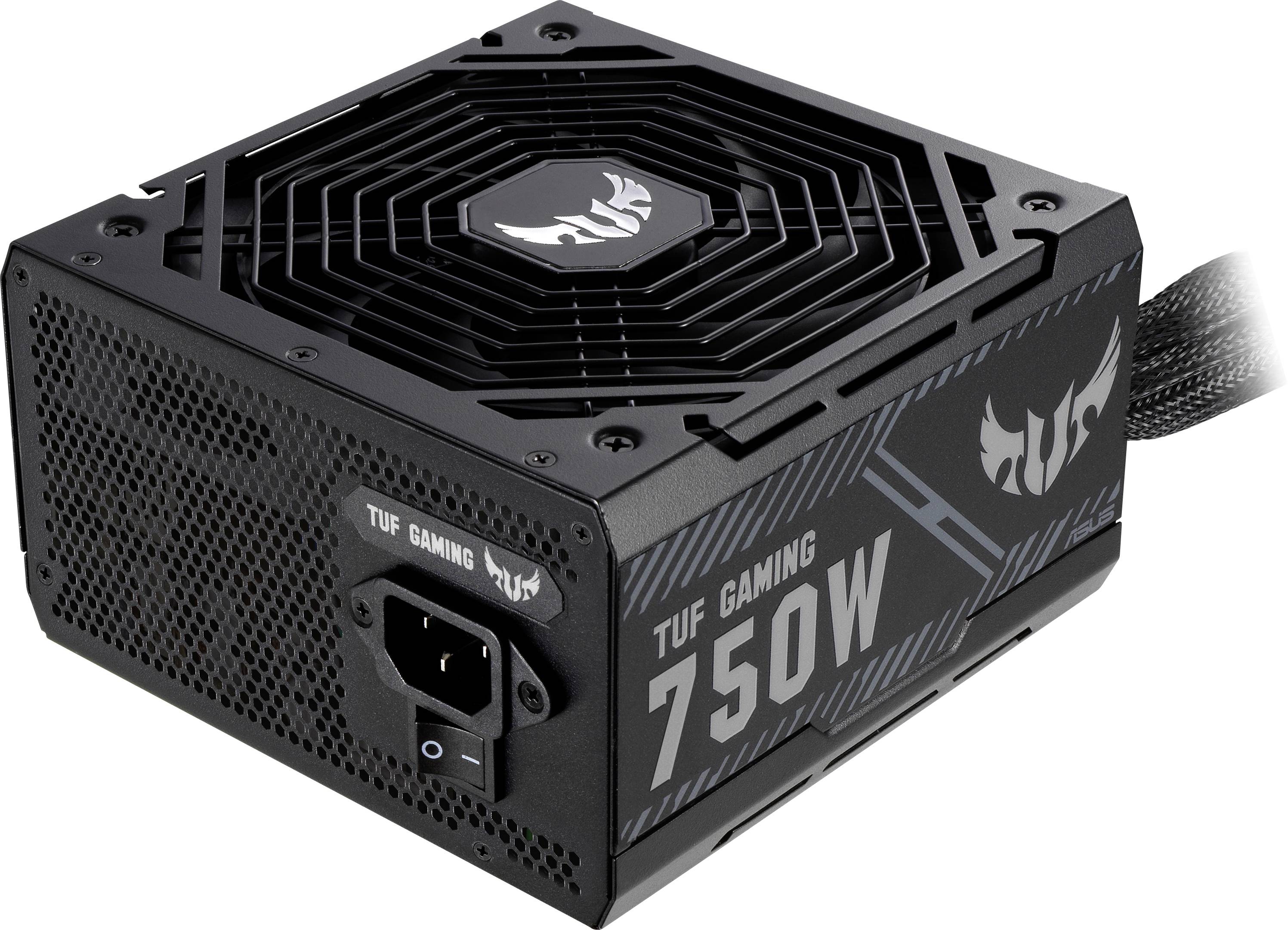 Bloc d'alimentation gaming TUF noir de 750W avec ventilateur, logo sur le côté et fiche d'alimentation à l'arrière. Adapté pour les ordinateurs haute performance.
