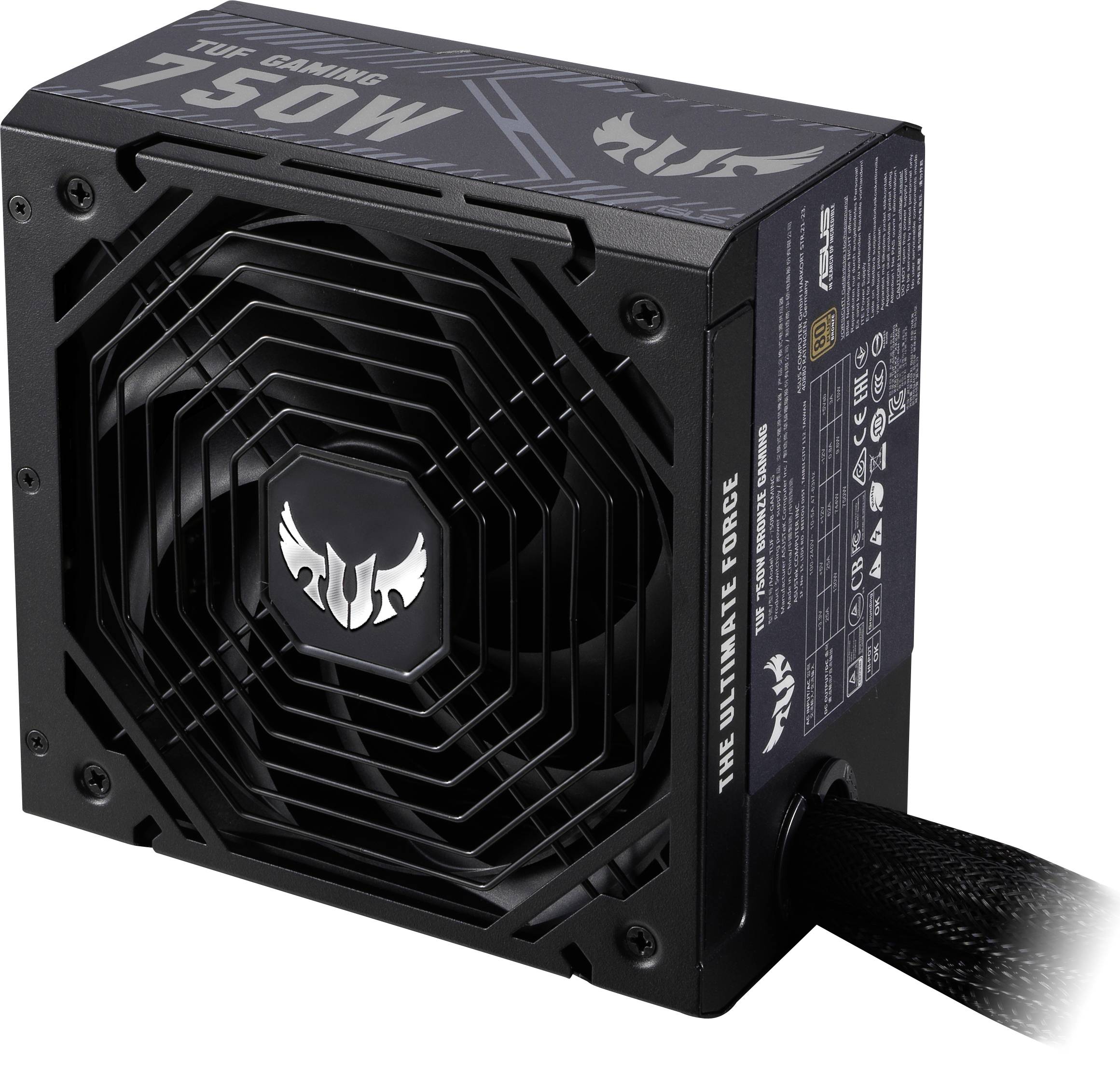 Un bloc d'alimentation PC noir avec un ventilateur et l'inscription « TUF Gaming 750W ».