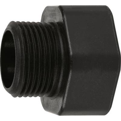 Adaptateur en plastique noir avec filetage externe d'un côté et poignée hexagonale de l'autre, utilisé pour les raccordements de tuyaux.