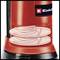 Appareil rouge avec des lignes courbes sur une surface discoïdale ; logo Einhell en haut à droite. Le design suggère dynamisme et mouvement.