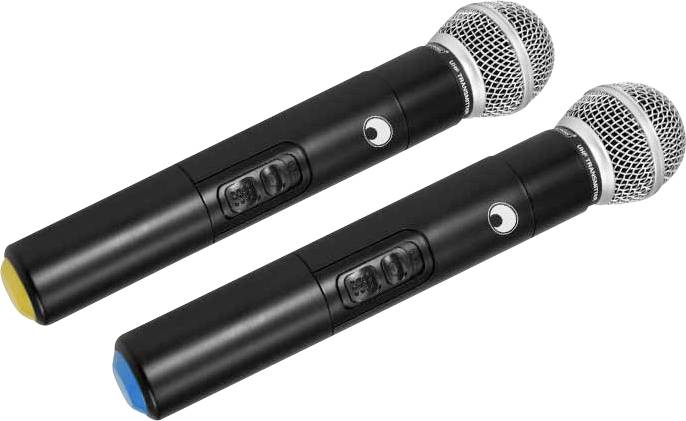 Deux microphones noirs avec des embouts colorés, celui du haut avec un embout jaune et celui du bas avec un embout bleu, sont disposés parallèlement l'un à l'autre.