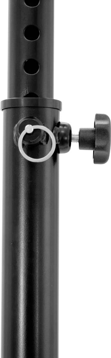 Tube métallique noir avec bouton rotatif réglable et perforations, probablement partie d'un trépied ou d'un système de support.