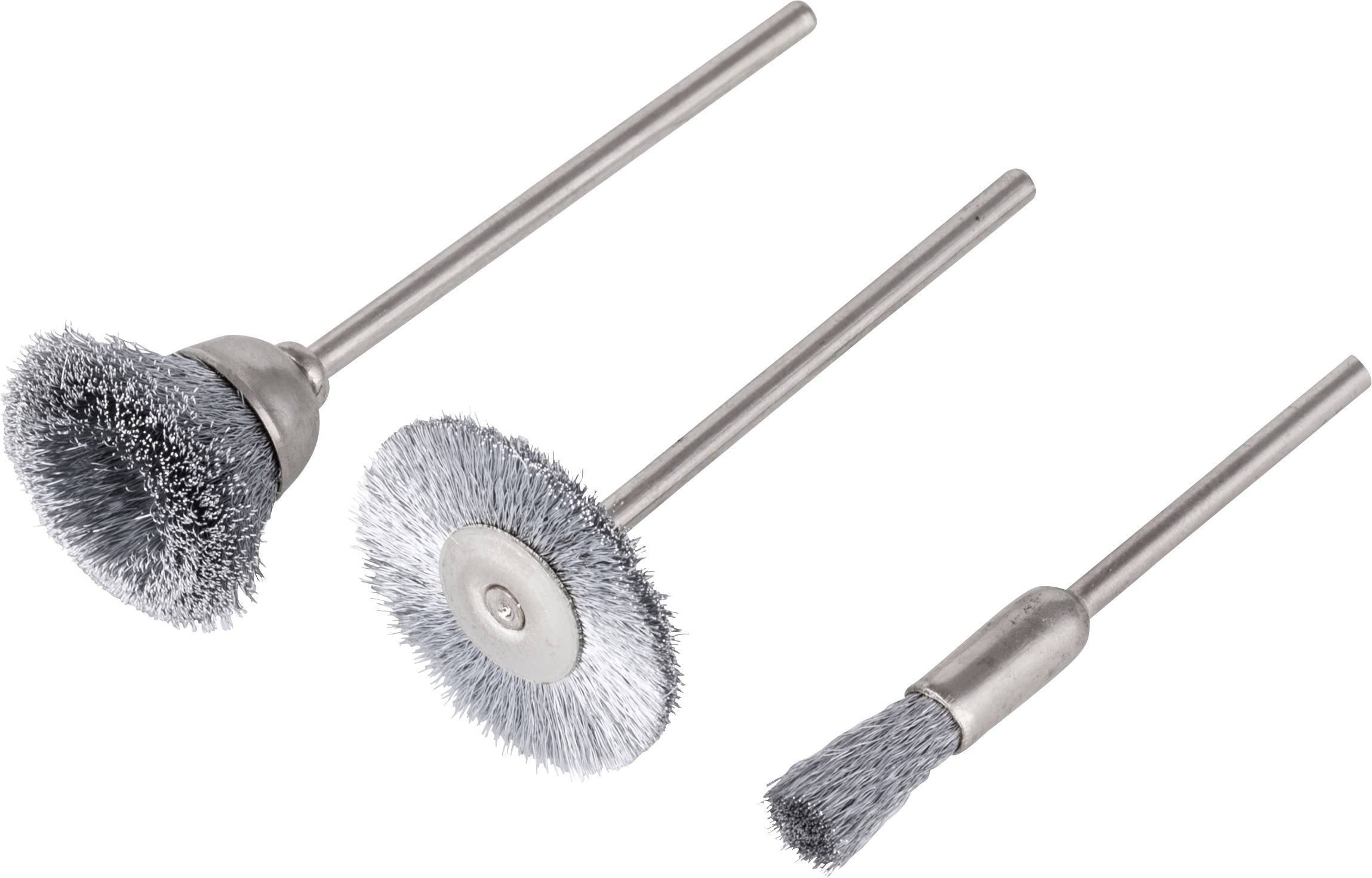 Trois brosses abrasives différentes avec des poils métalliques pour le traitement de surface.