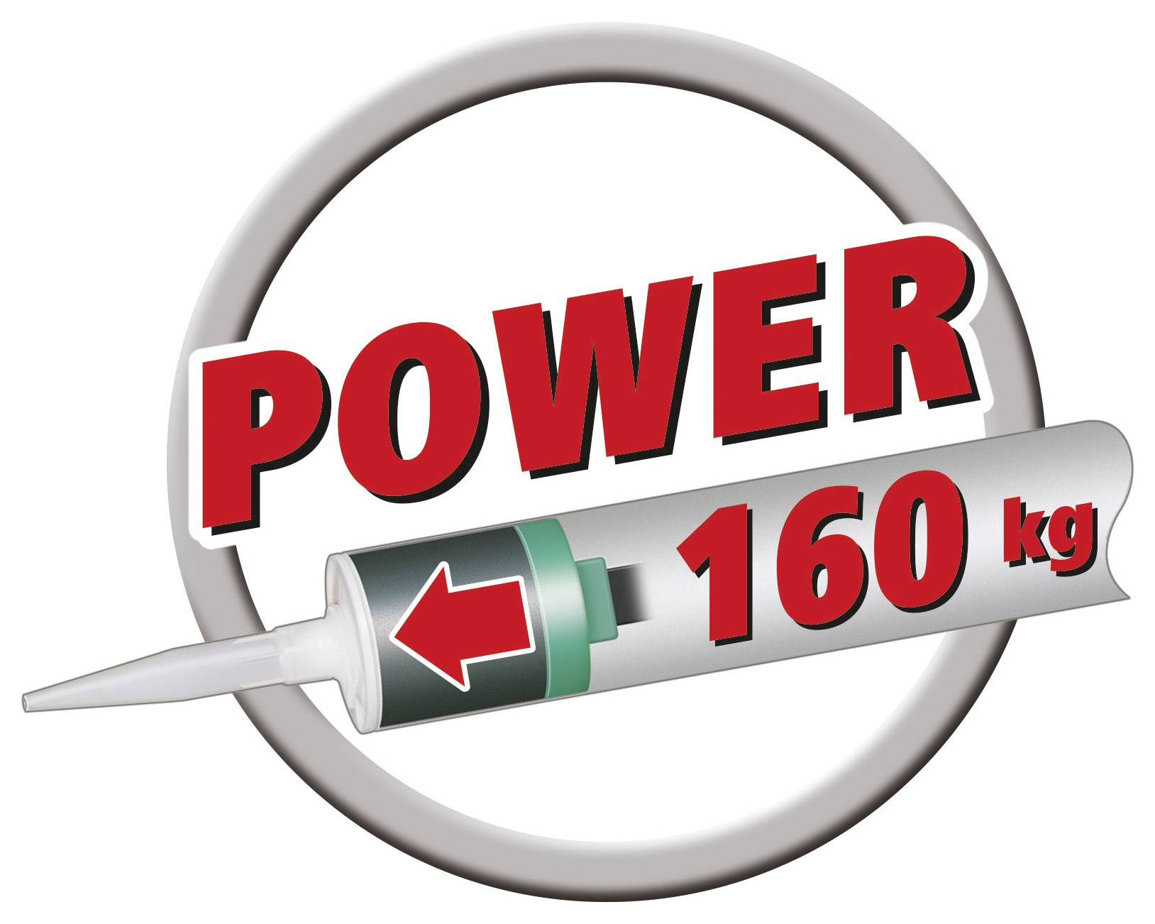 Image d'un cercle gris avec une seringue au centre, portant l'inscription 'POWER 160 kg' en lettres rouges.