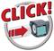 Un inhalateur avec l'embouchure sortie, au-dessus le mot 'CLICK !' en lettres rouges. Un graphique fléché pointe vers la droite.