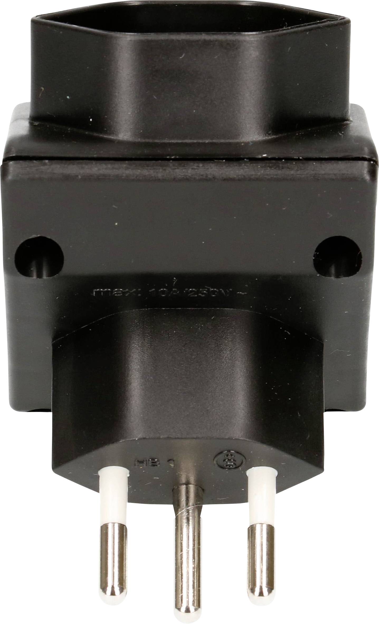 Un adaptateur noir à trois broches métalliques, adapté aux appareils électriques, sur un fond blanc.