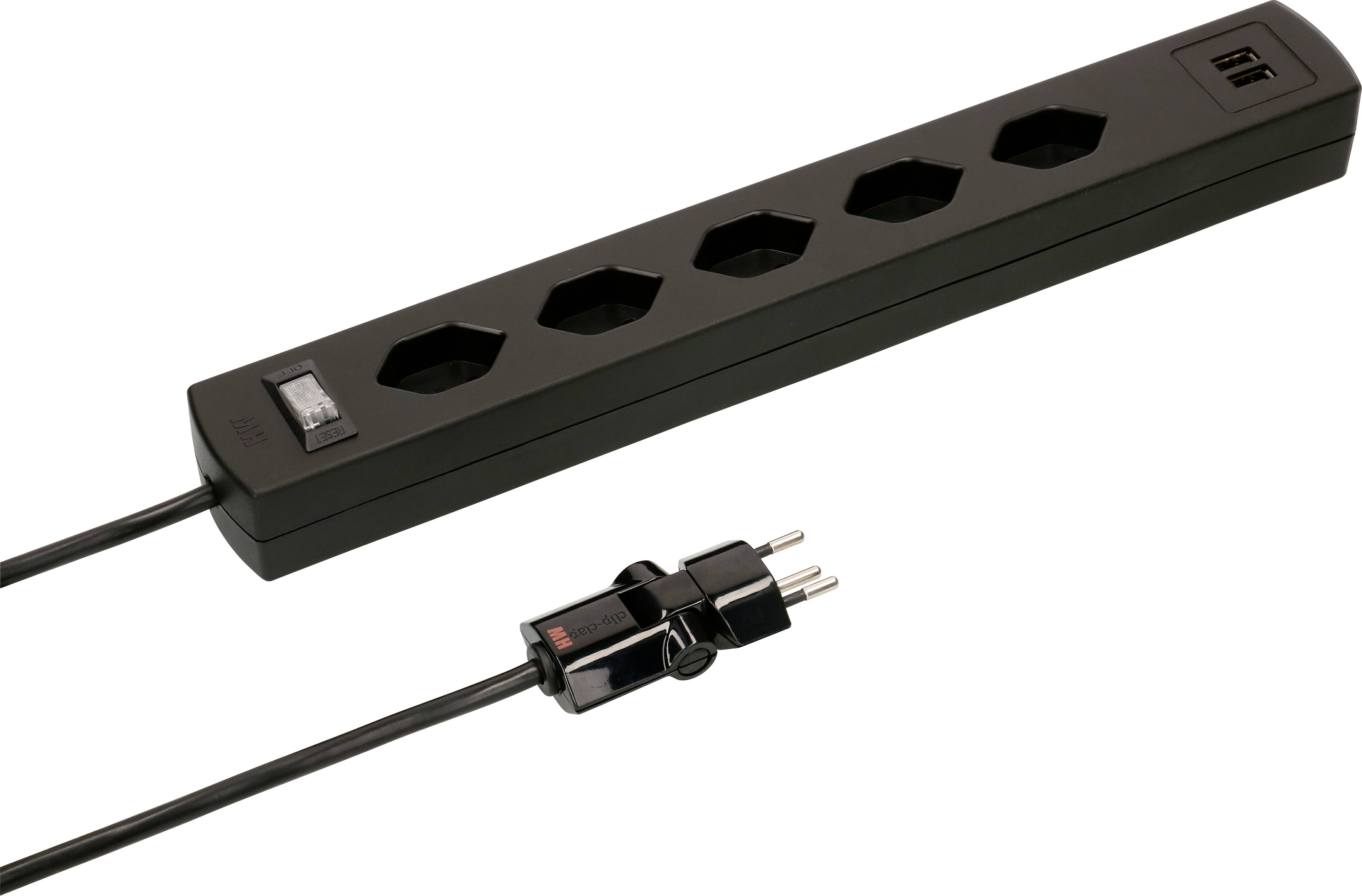 Bloc multiprise noir à cinq prises électriques et deux ports USB, relié à une fiche secteur.