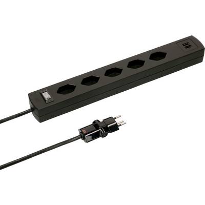 Bloc multiprise noir à cinq prises électriques et deux ports USB, relié à une fiche secteur.