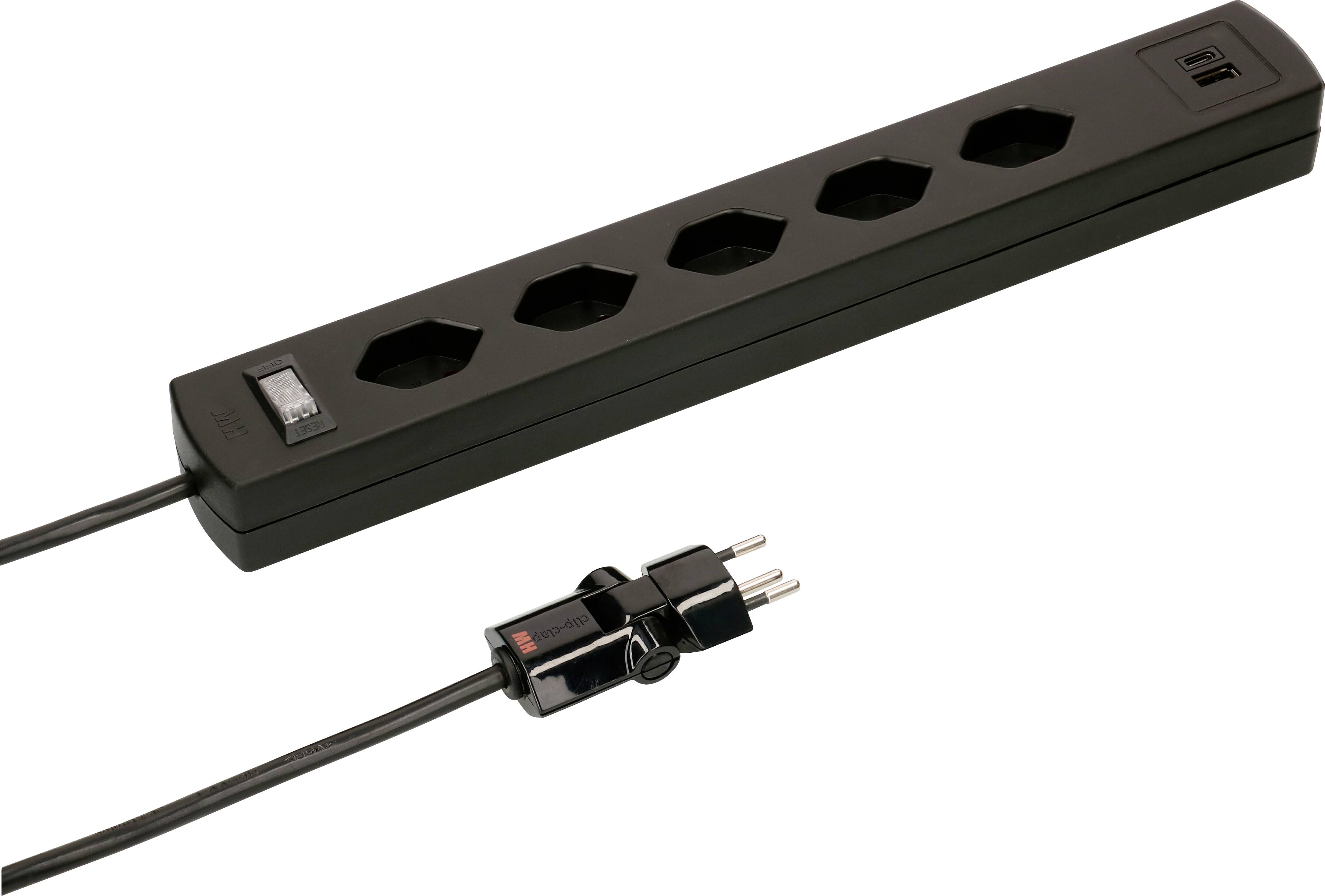 Bloc multiprise noir avec cinq prises électriques et deux ports USB, relié à un câble d'alimentation.