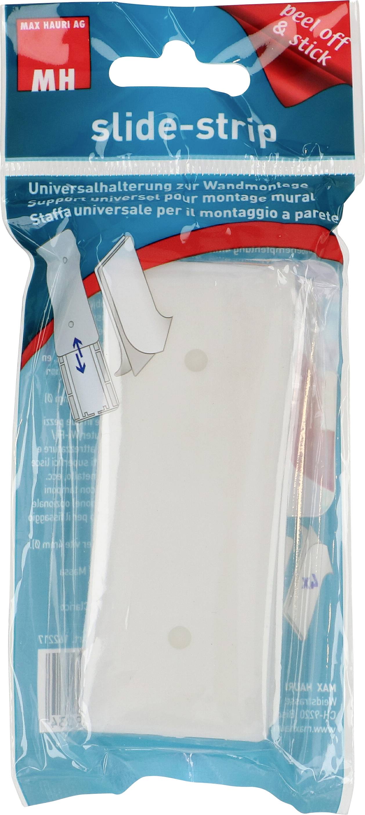 Bande adhésive à glissière pour fixation murale, autocollante, dans un emballage bleu avec des accents rouges et le logo de la marque.
