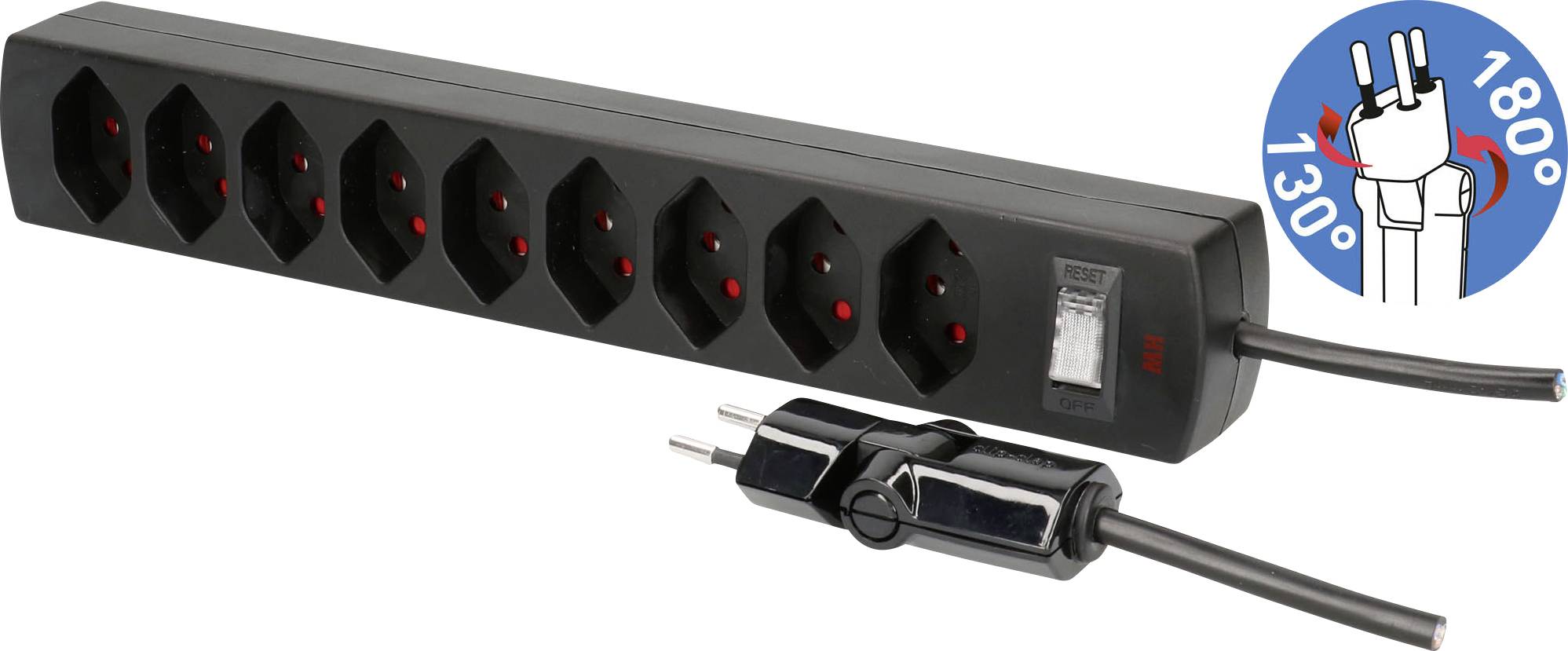 Bloc multiprise noir à huit prises avec interrupteur basculant, équipé de fiches Schuko avec mécanisme de rotation flexible de 130° à 180°.