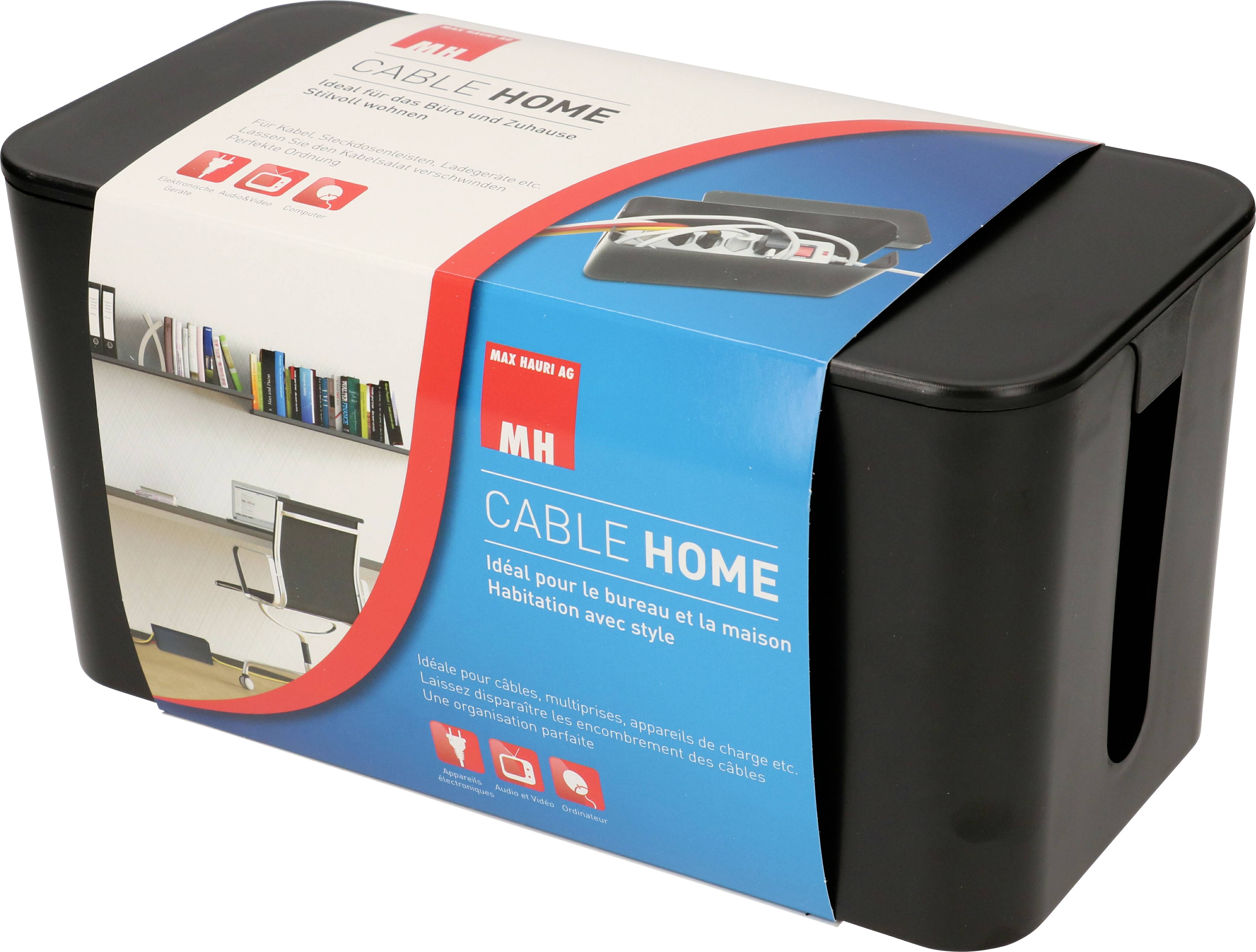 Boîte de rangement noire pour câbles avec couvercle amovible, étiquetée 'Cable Home', conçue pour organiser élégamment les câbles au bureau ou à la maison.