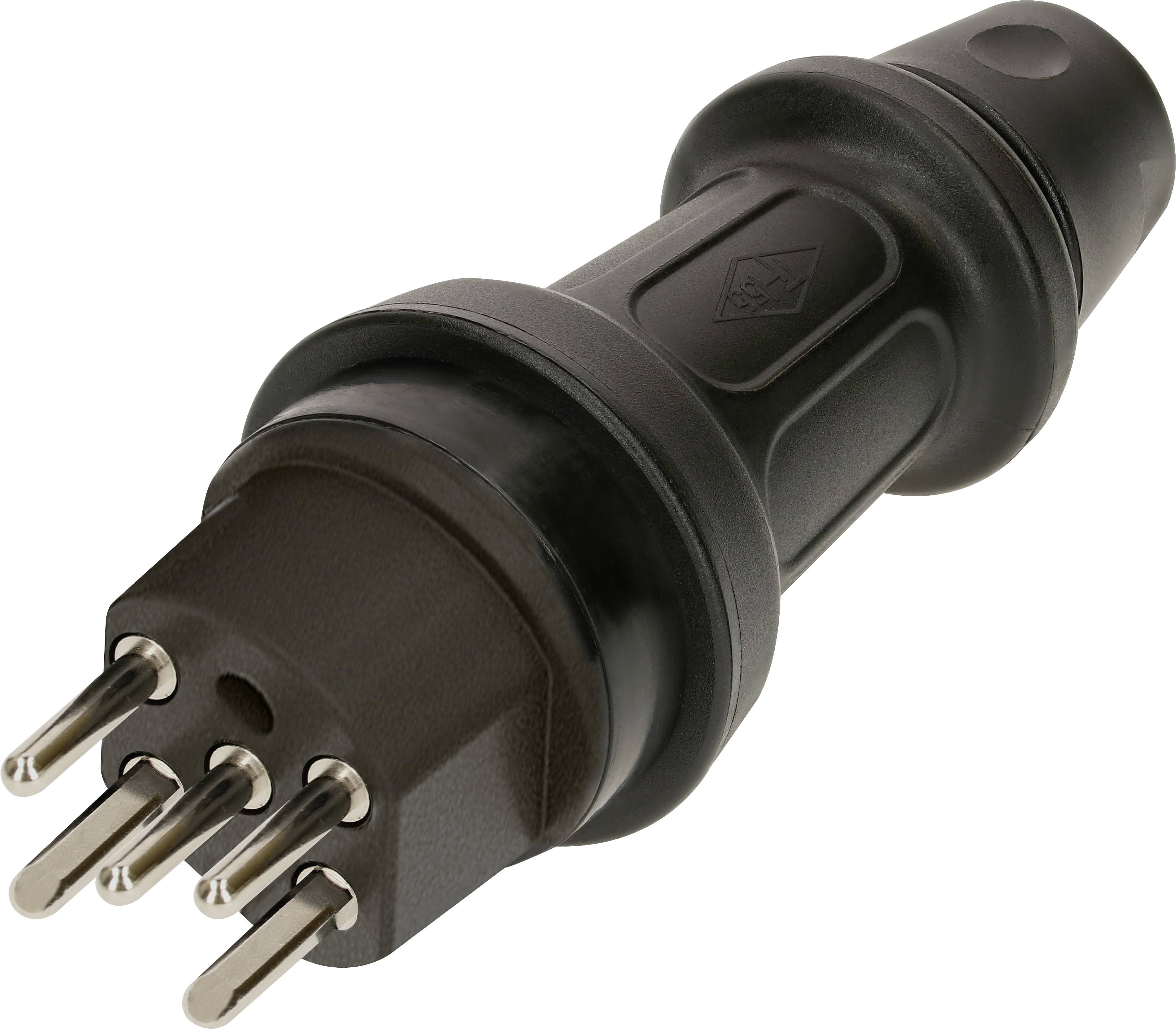 Une fiche électrique noire à six pôles pour applications industrielles. Composée de plastique robuste avec des broches métalliques.