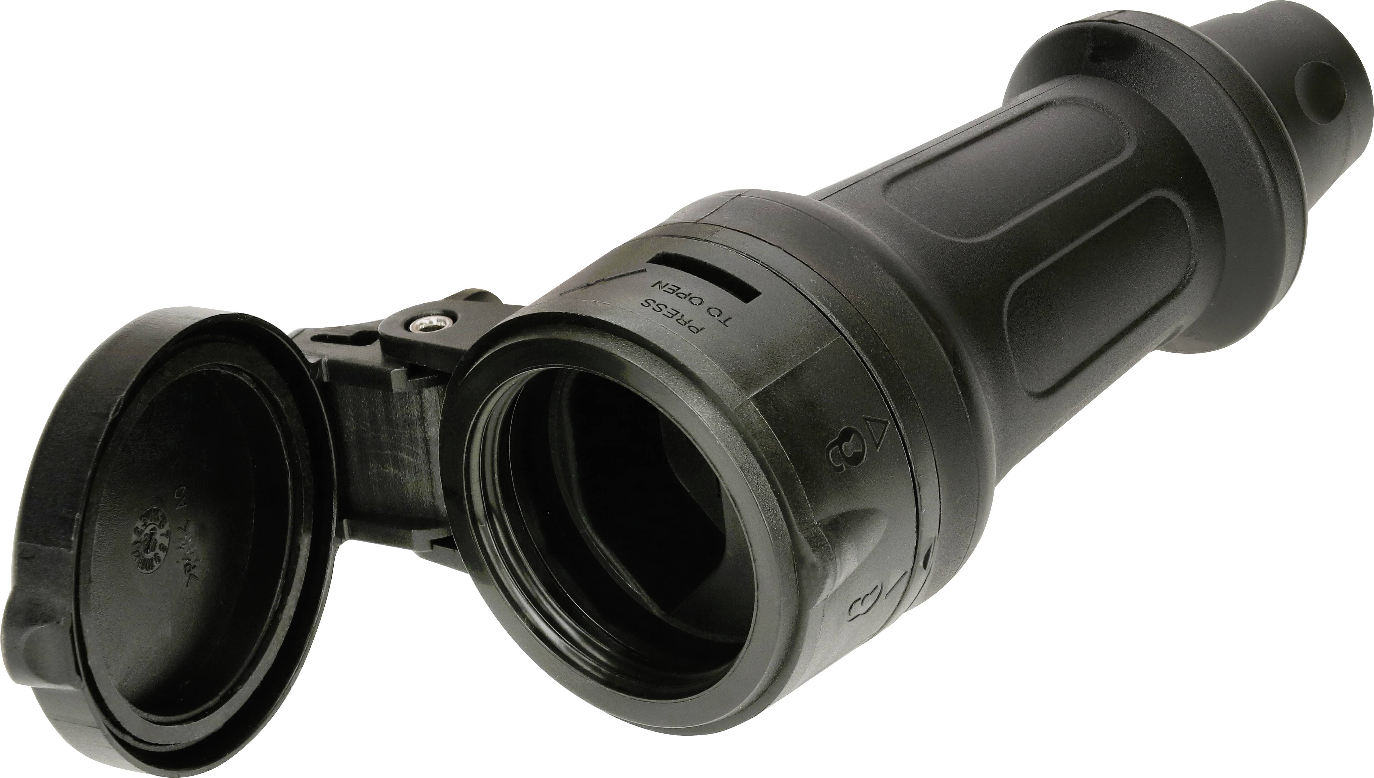 Adaptateur fiche noir cylindrique avec couvercle ouvert, adapté aux applications extérieures.
