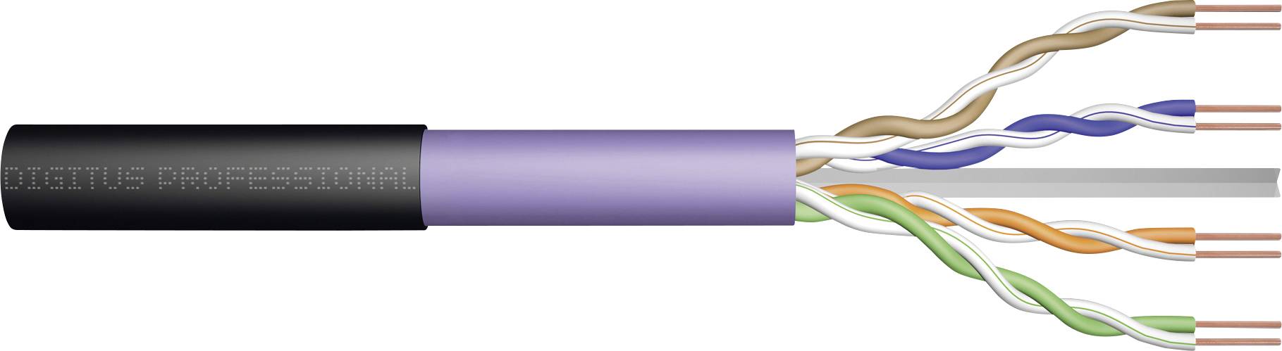 Un câble Ethernet Cat.6a à gaine violette, montrant quatre paires torsadées de conducteurs colorés et un blindage.