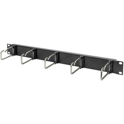 Panneaux de gestion de câbles noirs avec cinq supports métalliques pour un acheminement ordonné des câbles dans les baies serveur.