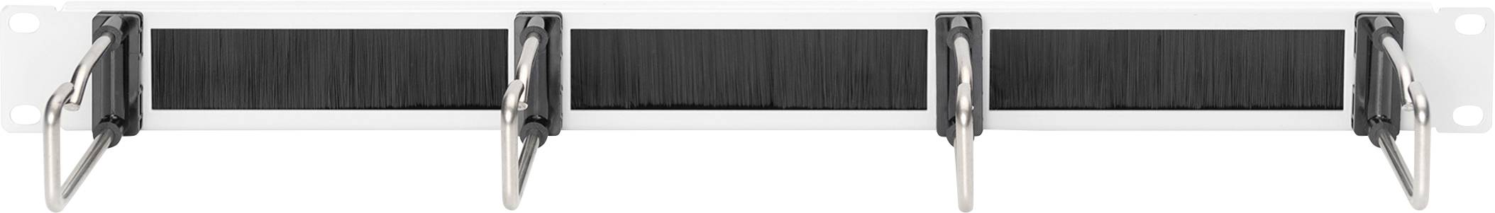 Un panneau de gestion de câbles avec quatre supports de câbles pour l'organisation et le rangement des câbles dans un rack de serveur ou de réseau.