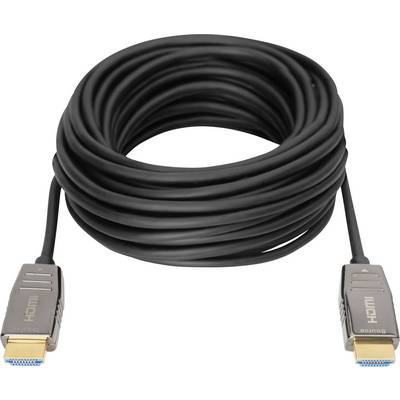 Un long câble HDMI noir avec deux connecteurs. Convient pour connecter des appareils afin de transmettre des données audio et vidéo.