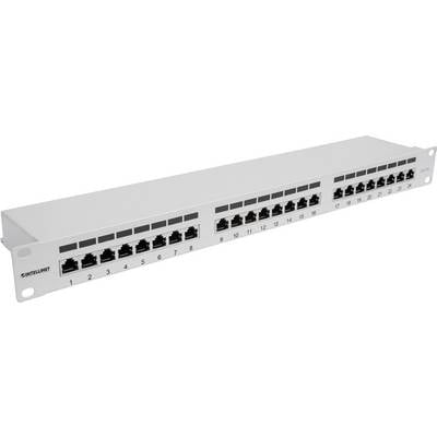 Un panneau de brassage avec 24 ports réseau RJ45, numérotés de 1 à 24, est utilisé pour organiser les connexions de câbles dans une armoire réseau.