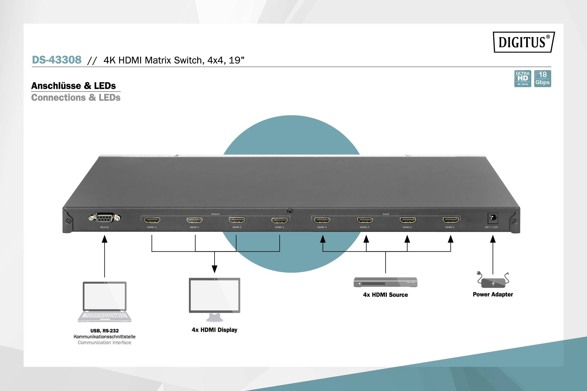 Digitus DS-43308 5+2 ports Switch matrice HDMI compatible avec l'ultra HD, commutable individuellement, avec télécommand-10