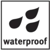 Symbole de trois gouttes d'eau au-dessus du mot 'waterproof', indiquant qu'un produit est imperméable.
