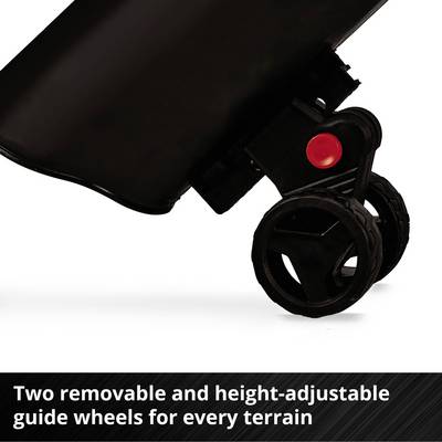 Deux roues de guidage amovibles et réglables en hauteur pour tous les terrains, avec un bouton rouge pour l'ajustement de la hauteur.