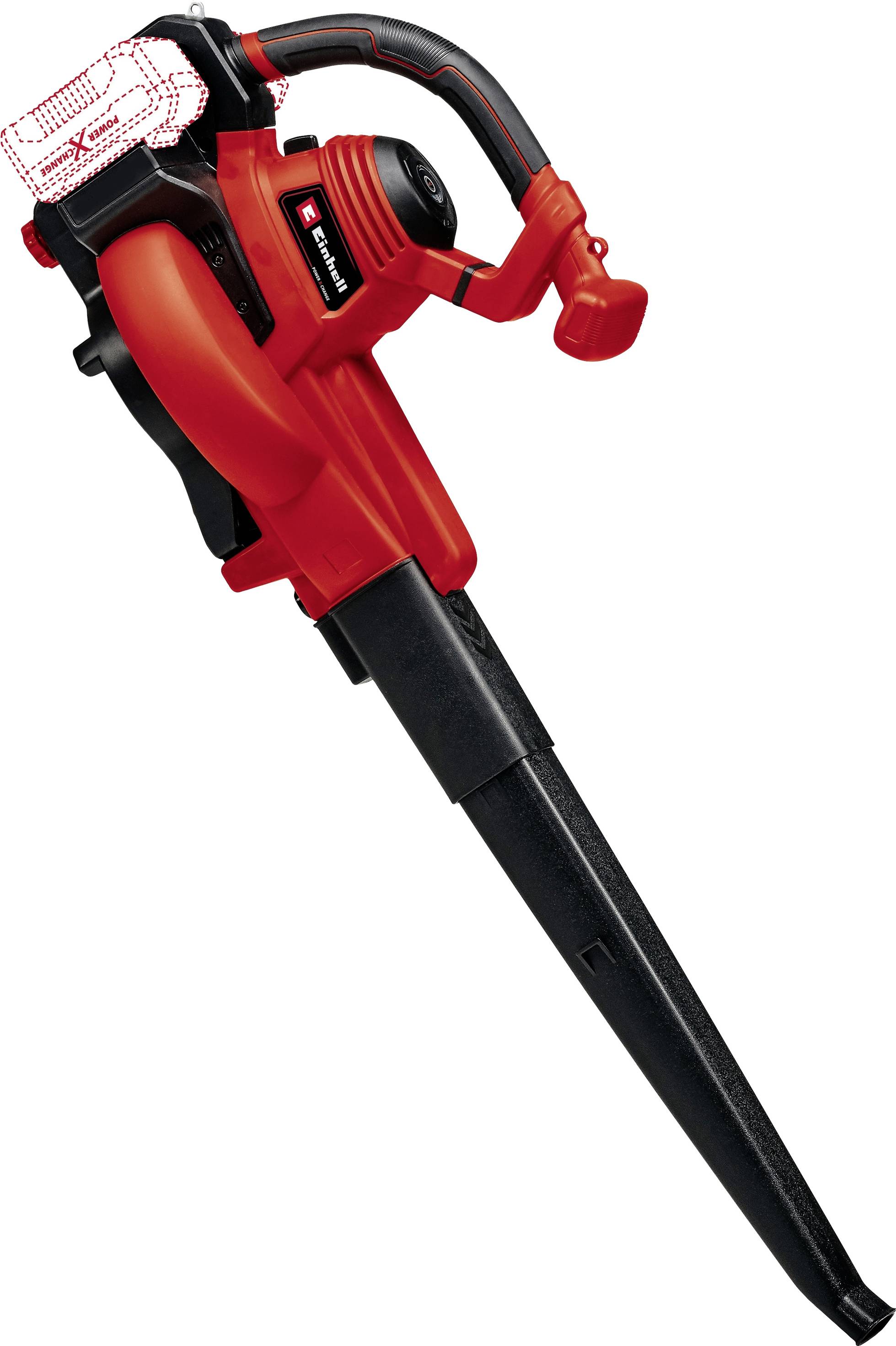 Souffleur électrique rouge et noir avec long tube d'évacuation et poignée supérieure. La zone de batterie est marquée en haut.