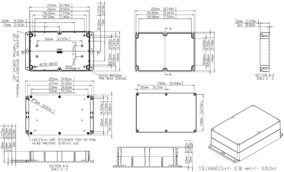 Dessin technique d'un boîtier rectangulaire avec dimensions et vues. Les détails des trous de perçage et des tolérances sont indiqués.