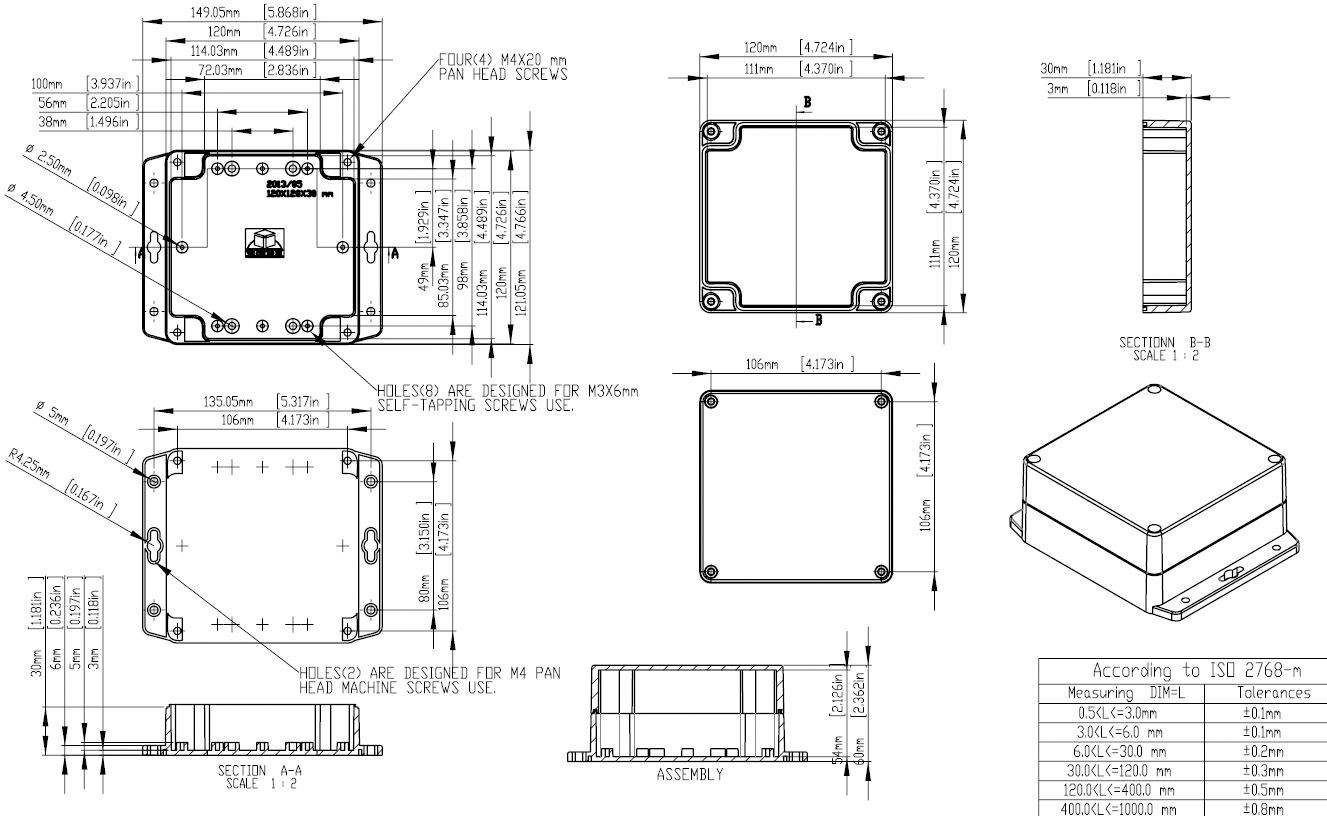 Dessin technique d'un boîtier rectangulaire avec des dimensions détaillées et des vues, incluant des trous de vis et des tableaux de cotation.