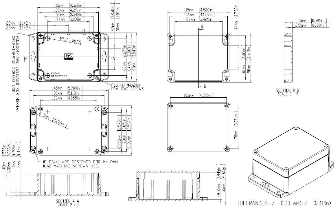 Dessin technique d'un boîtier rectangulaire avec différentes vues et indications dimensionnelles. Usage spécifié pour des vis.