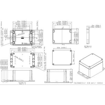 Dessin technique d'un boîtier rectangulaire avec des dimensions, des vues et des tolérances détaillées. Les vues comprennent une vue de dessus, une vue latérale et une coupe transversale.