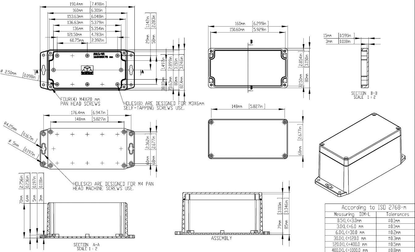 Dessin technique d'un boîtier rectangulaire avec différentes vues et dimensions. Contient des dimensions détaillées en millimètres.