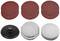 Six disques de meulage et de polissage ronds sur un fond blanc, dont trois disques de meulage rouges, un noir et deux disques de polissage blancs.