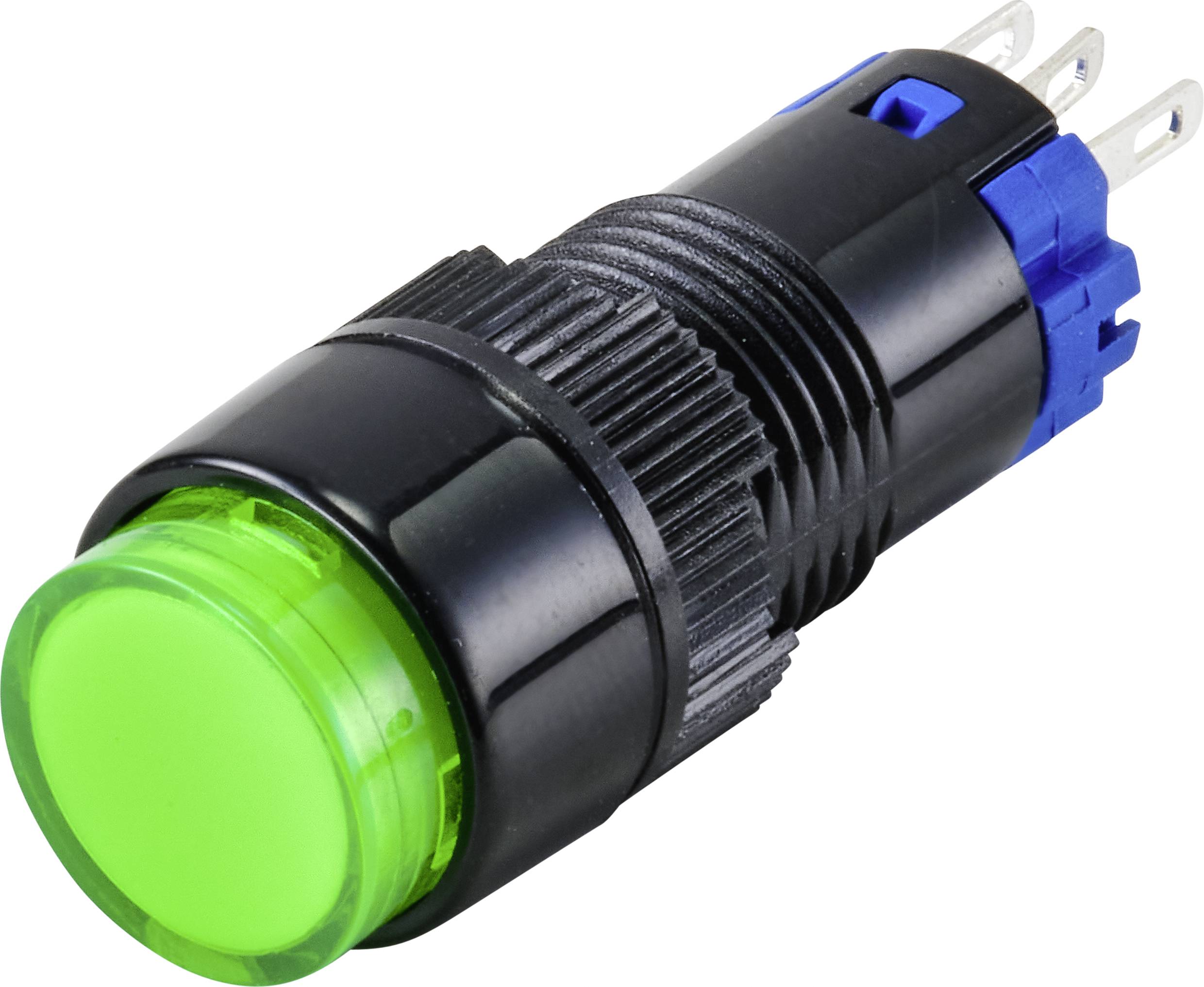 Bouton-poussoir lumineux vert avec boîtier noir et mécanisme de fixation bleu, connexions par fils apparentes.