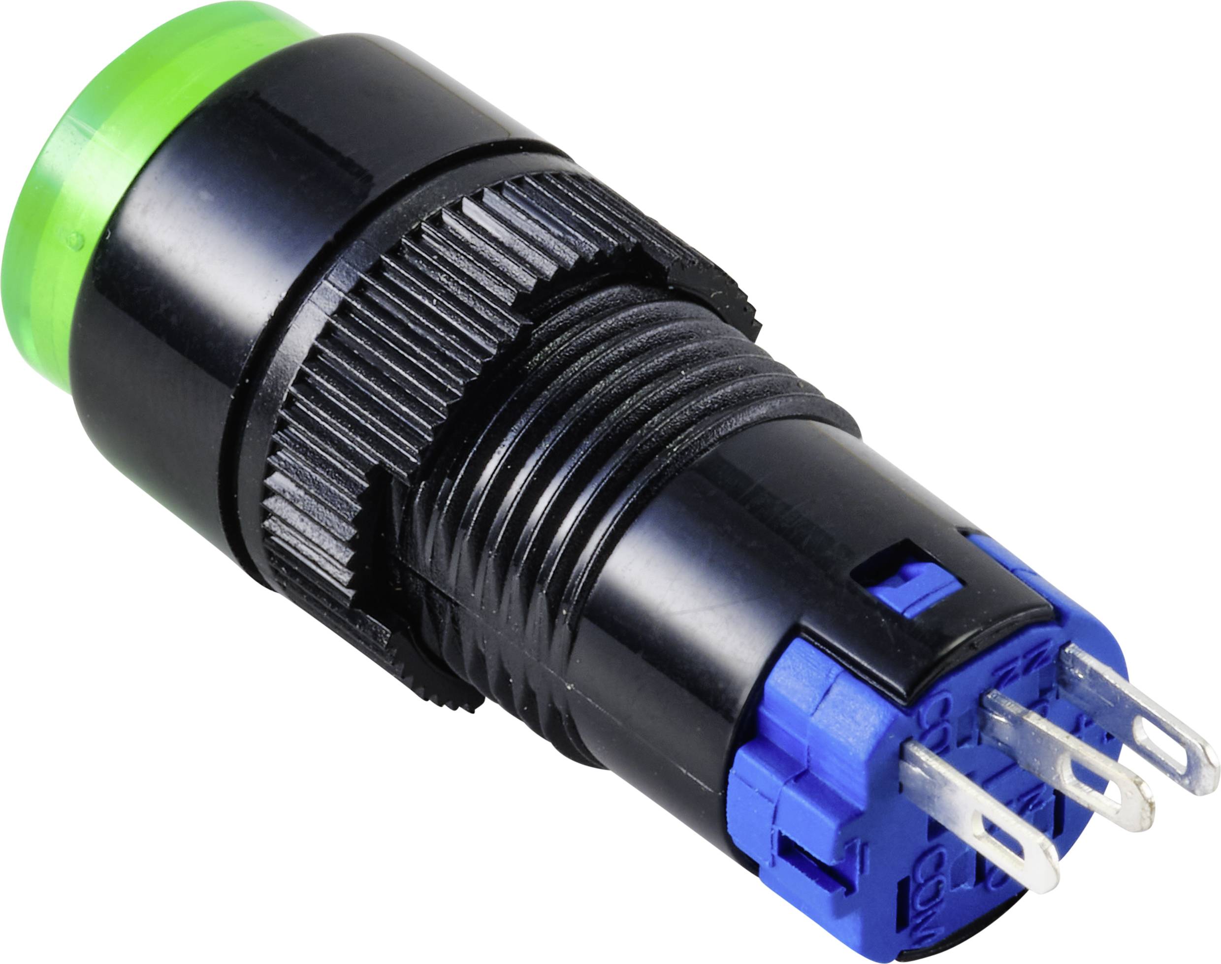 Interrupteur LED vert avec boîtier noir et base bleue, vue latérale avec broches de connexion visibles.