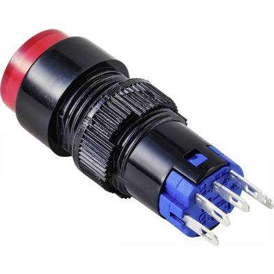 Un bouton-poussoir rouge avec plusieurs connexions métalliques, adapté aux applications électroniques pour le contrôle des appareils.