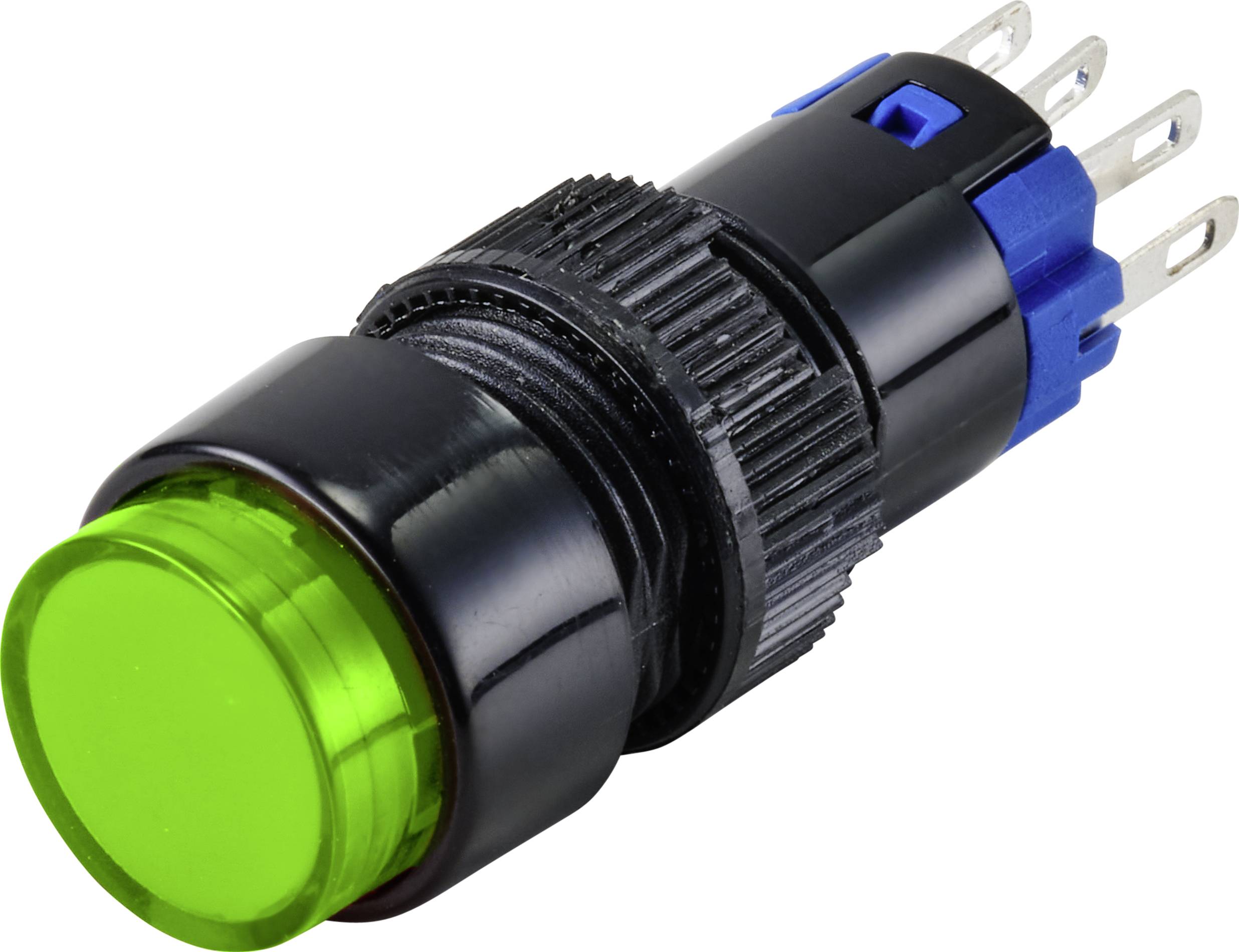 Un interrupteur à bouton-poussoir électrique noir avec un couvercle vert et des bornes bleues et argentées à l'arrière.