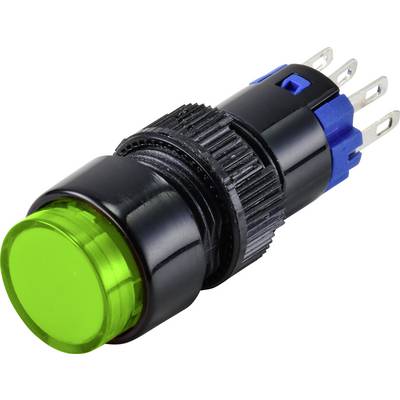 Un interrupteur à bouton-poussoir électrique noir avec un couvercle vert et des bornes bleues et argentées à l'arrière.