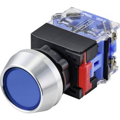 Bouton-poussoir rond bleu avec un cadre métallique, fixé sur un boîtier transparent et noir, composant technique.