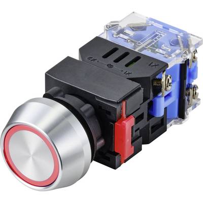Bouton-poussoir électrique avec anneau rouge, boîtier noir et face arrière bleue, couramment utilisé dans les commandes de machines.
