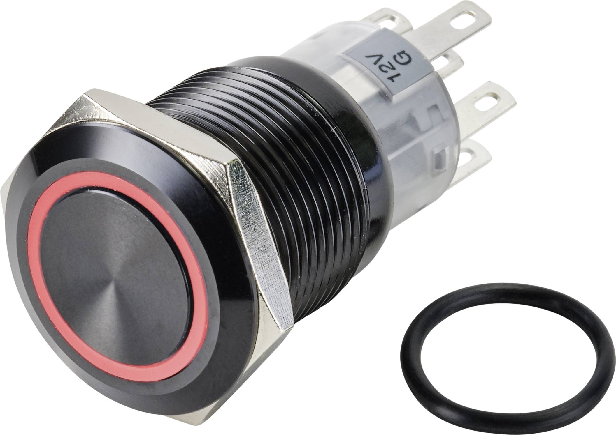 Bouton-poussoir noir avec bordure rouge et socle métallique, adapté pour 12V. Comprend un joint d'étanchéité séparé pour l'installation.
