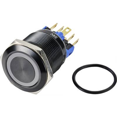 Un bouton-poussoir noir rond avec une indication 24V et plusieurs broches de connexion, à côté duquel se trouve un joint d'étanchéité noir.