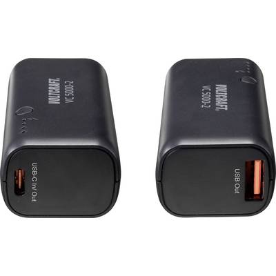 Deux chargeurs portables noirs avec des ports USB-C et USB. À gauche : « Entrée/Sortie USB-C » ; à droite : « Sortie USB » ; les deux affichant le nom de marque « VOLTCRAFT VC 15000-2 ».