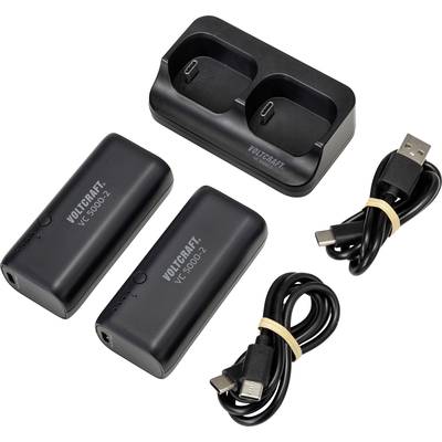 Un ensemble chargeur avec deux batteries rechargeables et des câbles USB. Les batteries sont étiquetées 'VOLTCraft VC 9800-2'.