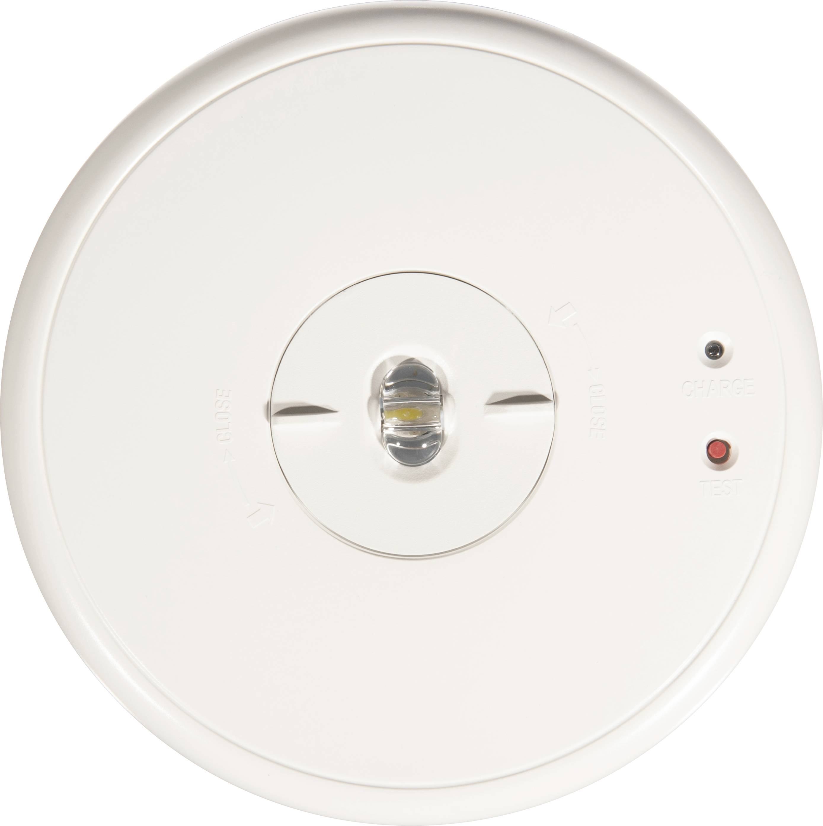 Détecteur de fumée avec bouton central de test et deux petites LED indiquant l'état de charge et le test de fonctionnement.