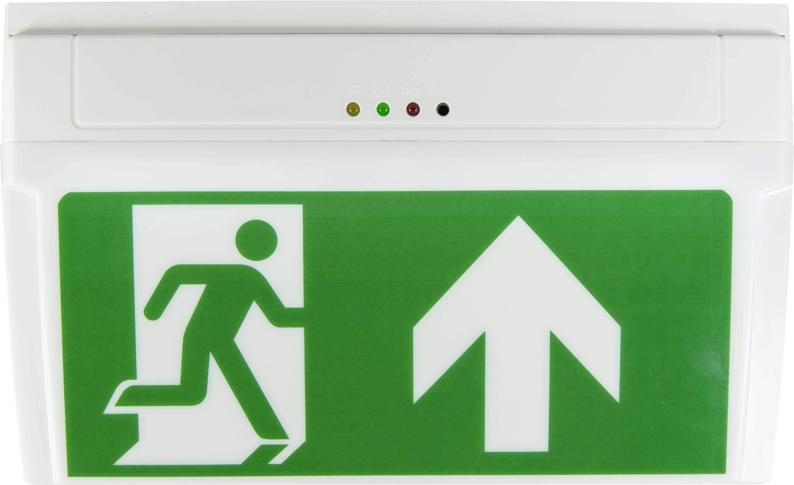 Panneau de sortie de secours éclairé avec pictogramme vert représentant une personne en train de courir et une flèche orientée vers le haut, indiquant la direction de fuite.