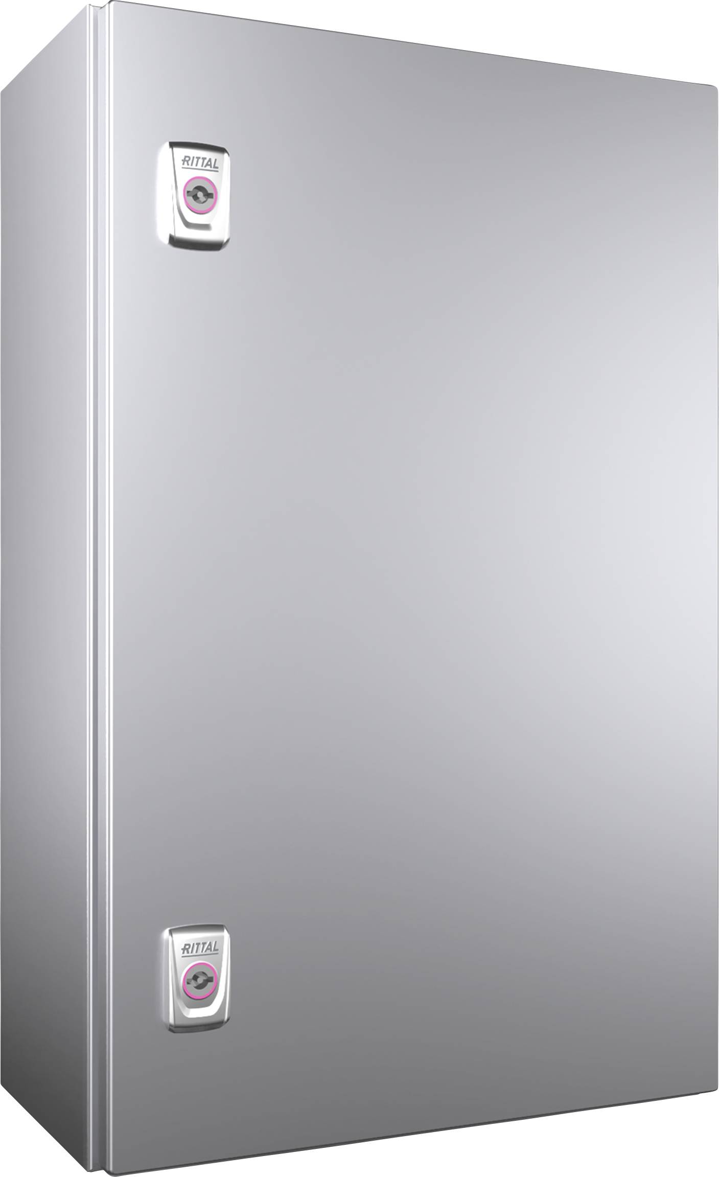 Armoire métallique grise avec deux poignées ovales portant un logo de fabricant.