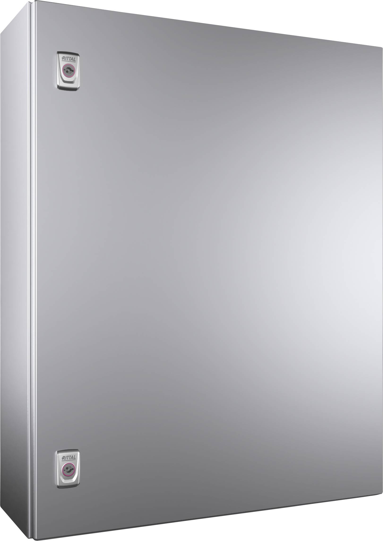 Armoire métallique grise, rectangulaire, avec deux serrures sur le côté gauche.