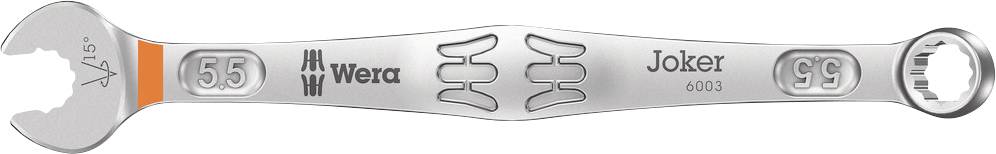 Clé à fourche en argent de la marque Wera, avec embouts ouverts et fermés, de taille 15 mm.