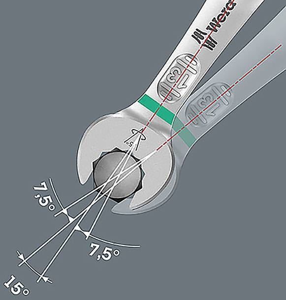 Image d'une clé à molette détaillant un design de tête avec deux angles de 7,5 degrés divergeant de l'axe central, illustrant une mesure précise.